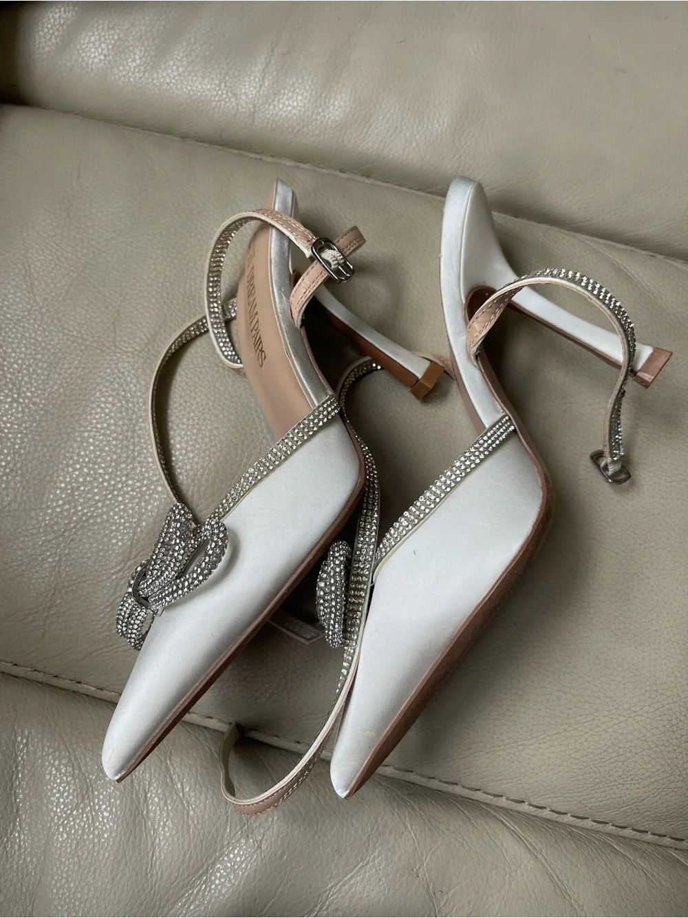 Dream Pairs White Pointed Slingback Heels with Rhinestone Bow
